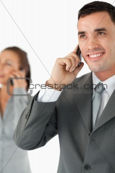 Close up of business team on the phone