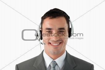 Close up of businessman with headset on