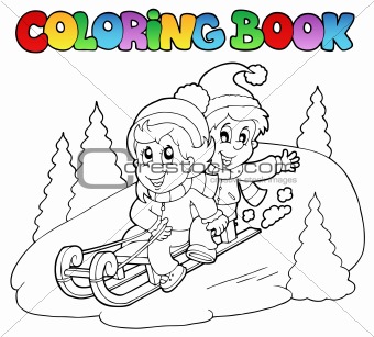 Coloring book two kids on sledge