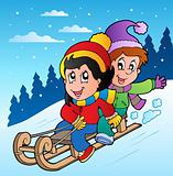 Winter scene with kids on sledge