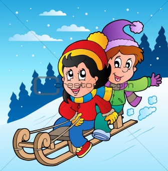 Winter scene with kids on sledge