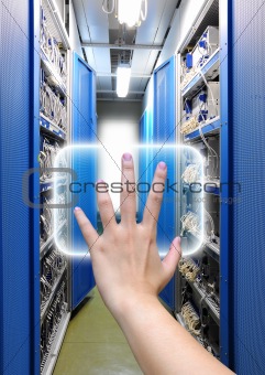hand working on the communication and internet network server