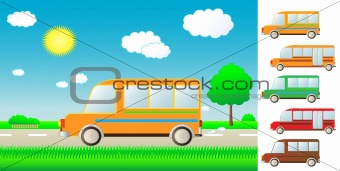 set cartoon bus on the road