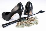 Black Leather Flogging Whip, high heels shoes and money