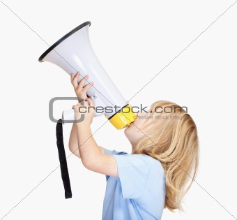 boy with long blond hair playing with a megaphone 