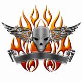 Skull with Wings Flames and Banner