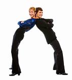 Two latino male dancers funny posing on white background 
