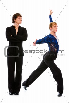 Ballroom male dancer looking on making dance pose friend 
