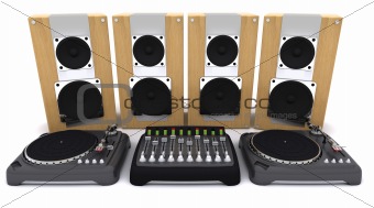 DJ mixing desk turntables and speakers