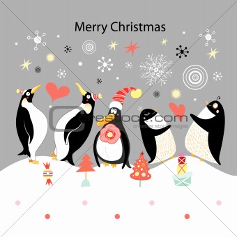 Greeting card with happy penguins