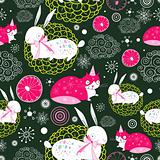 snow texture with rabbits and cats