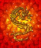 Golden Metallic Chinese Dragon on Red Blurred Background