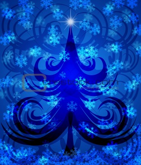Abstract Swirls Christmas Tree on Blue Background