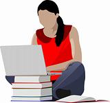 Sitting girl with laptop and book`s column. Back to school. Vect