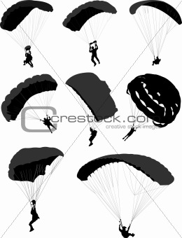 Big set of parachutists in flight