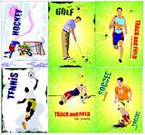 Six sport posters. Track and field, Ice hockey, tennis, soccer, 
