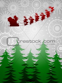 Santa Sleigh Reindeer Over Trees on Silver Background