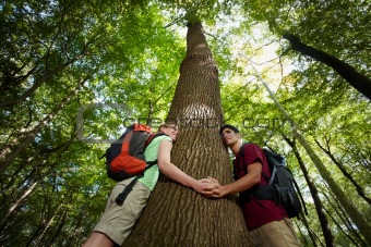 environmental conservation: young hikers embracing large tree