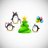 merry christmas, funny penguins near the christmas tree with star