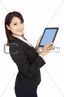smart businesswoman holding touch pad computer and isolated on white