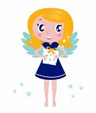 Happy little christmas angel Child with present isolated on whit