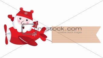 Santa flying in christmas airplane with blank banner, retro


