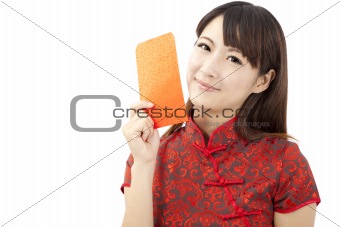 pretty chinese young woman holding red bag for happy chinese new year