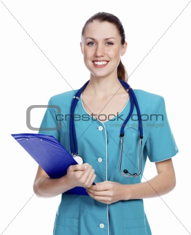 Female doctor smiling,  isolated over a white background 