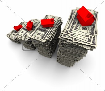 Houses Sitting on Stacks of Hundred Dollar Bills