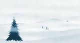 hilly panorama with fog and christmas trees