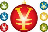 Christmas balls with a symbol of yen.