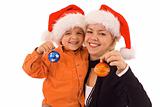 Woman and boy with christmas baubles - isolated