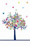 Abstract colored tree with hearts, circles and butterflies