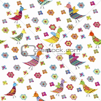 Seamless pattern with birds and flowers, cute background for kid