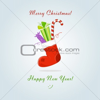 Christmas sock with gift and sweets, vector illustration
