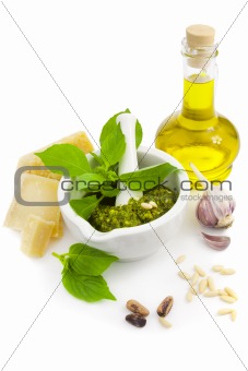Fresh Italian Pesto and its ingredients / isolated on white