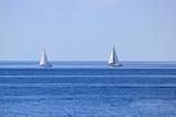 Two sailboats on open sea horizon