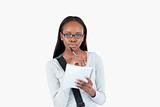 Young woman with glasses and notepad