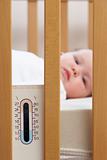 Newborn Baby In Cot With Thermometer