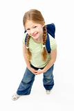 Studio Portrait of Smiling Girl Wearing School Bag