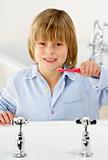 Young Boy Brushing Teeth at Sink