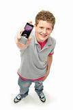 Portrait of Smiling Teenage Boy Holding Mobile Phone