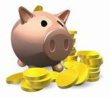 Piggy bank with gold coins illustration