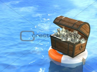 Lifebuoy and wooden box with money