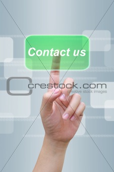 hand pushing contact us button on a touch screen interface