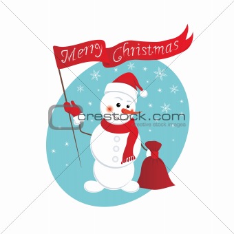 Funny snowman with a bag of gifts