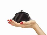 black purse in woman hand isolated on white
