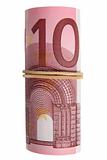 A roll of 10 Euro notes with an elastic band wrapped around.