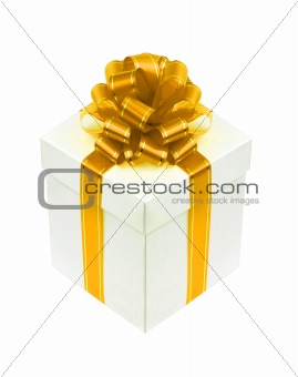 Beautiful white gift box with golden ribbon bow isolated on whit