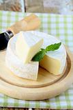 Cheese camembert on a wooden plate and  herbs